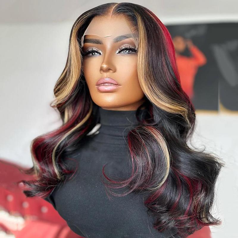 Cherry Red With Blonde and Black Colored Body Wave Brazilian Higlights Red Color Human Hair Wig For Women Pre-Plucked 13x4 Lace Front Wig 180 Density