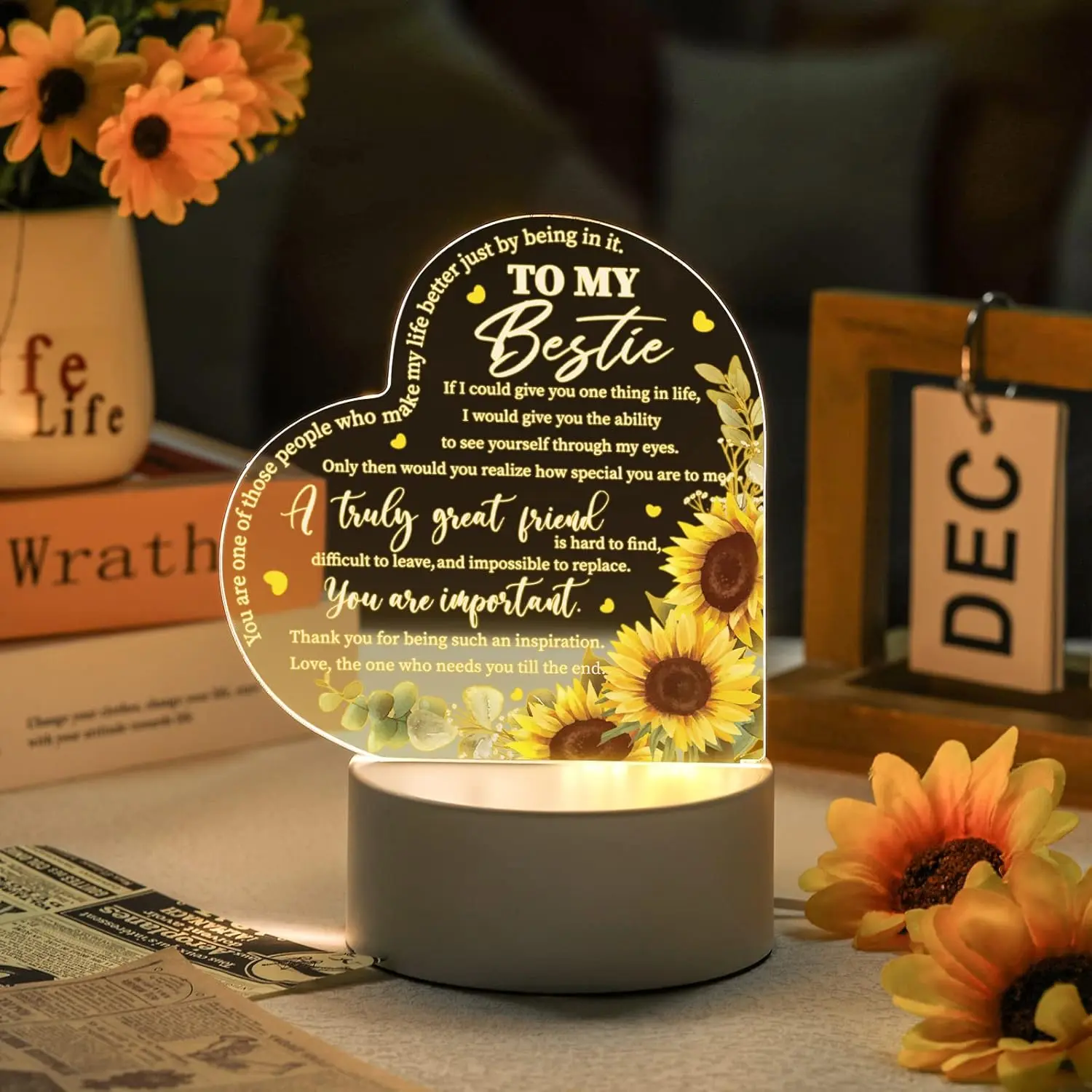 Engraved Message Sunflower Heart-Shaped Acrylic LED Night Light with LED Glow, Best Friends/BFFs Friendship Keepsake Gift, Warm Healing Indoor Home & Festive Decor, Bedroom Lighting, Accent Lights