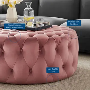 Modway Amour Tufted Button Large Round Performance Velvet Ottoman in Dusty Rose