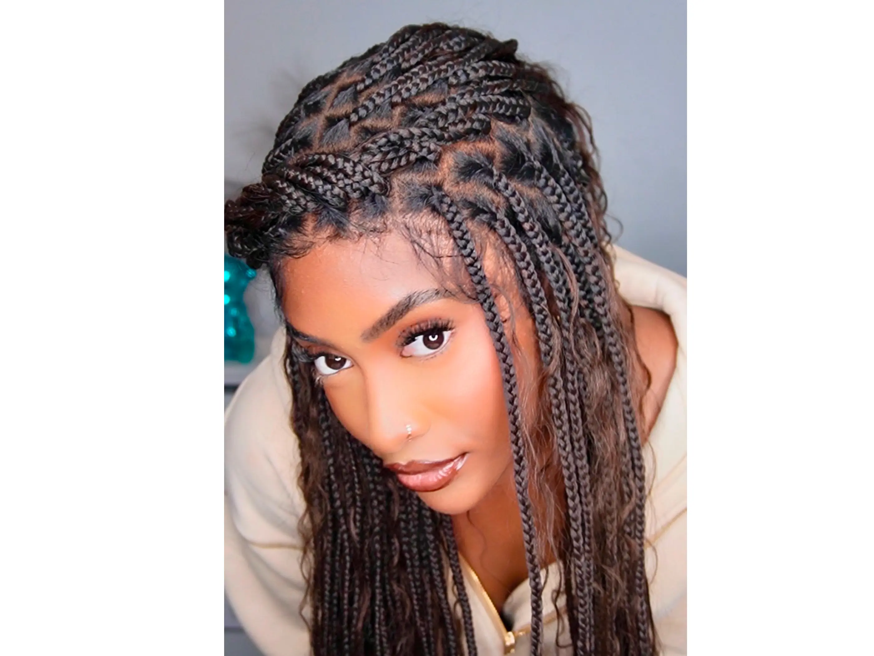 JALIZA  34" 88 Strands Full lace Knotless Boho Box braids wig | Synthetic Braids with 100% Human Hair Curls | Precut Transparent Lace | No Tangles | Black Women Wigs | Ombre Brown Box Braided Wigs Synthetic Curly Wigs