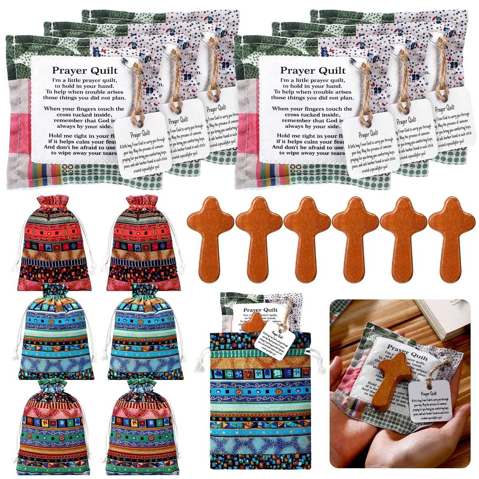 18Pcs Handstitched Religious Inspirational Pocket Prayer Quilt Set - Mini Handmade Blankets with Cross, Drawstring Bag for Mom, Nurse - Christian Gift for No Hurting Individuals, Church Members, Patient, Appreciation Week