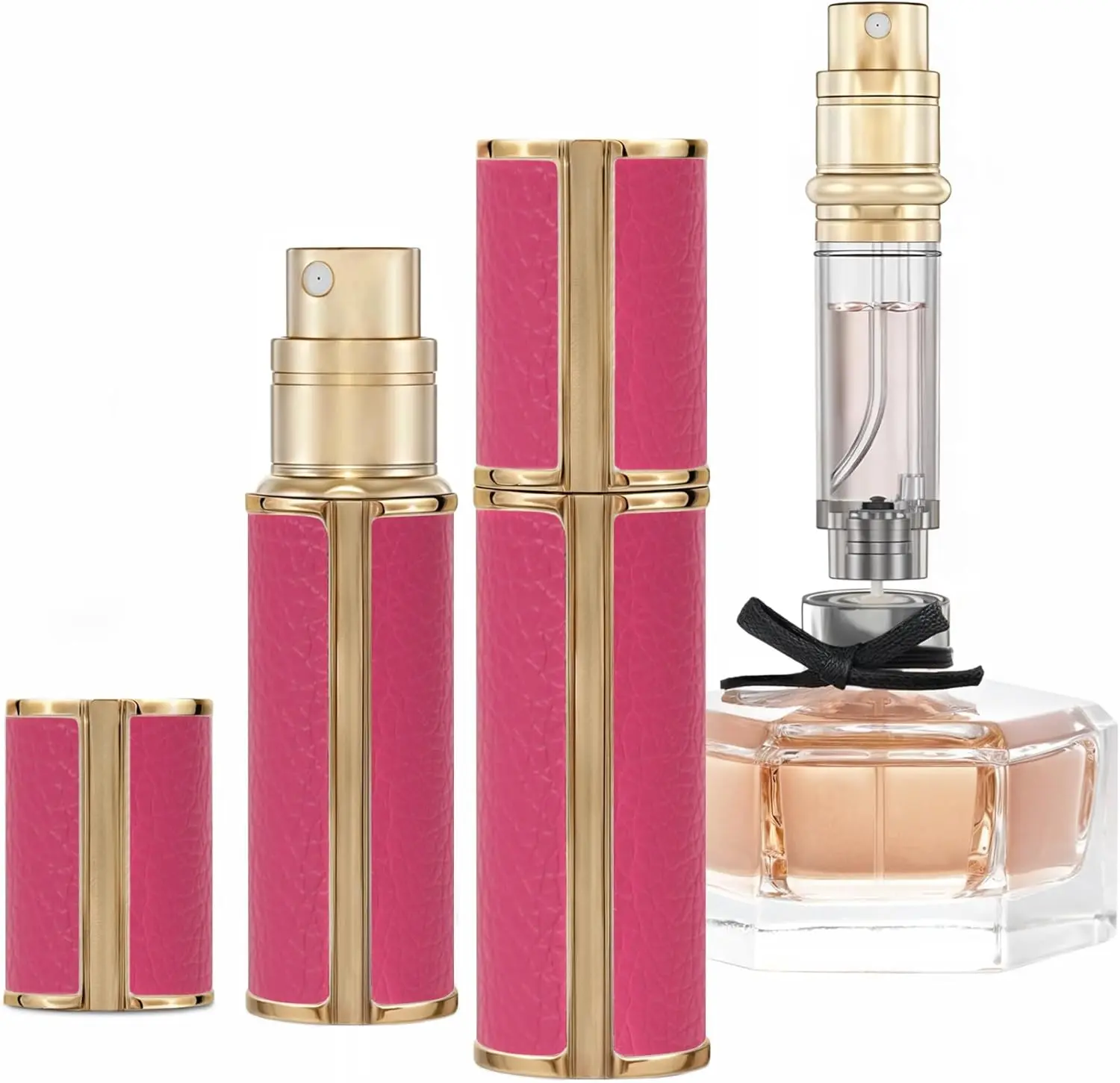 5ml Lightweight Travel Perfume Spray Bottle - Leather Refillable Bottom-Fill Dispenser, Stainless Steel Leak-Proof Fragrance Container, Portable for Travel (Rose Pink), Lightweight Travel & Perfume Bottle
