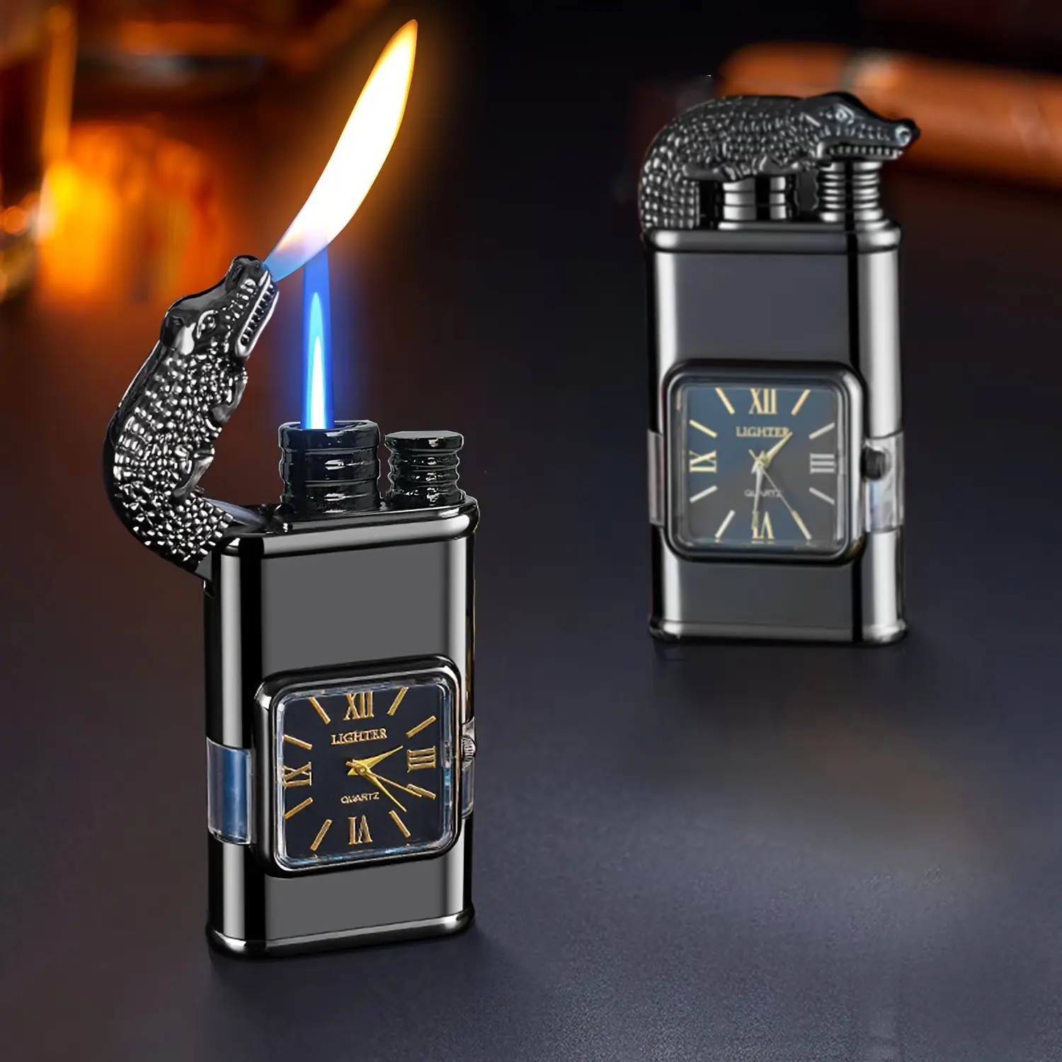 Black Alligator Vintage Watch Lighter - Windproof Jet Flame Torch with Adjustable Dial, Refillable Butane Cool Lighter for Indoor & Outdoor Use, Elegant Gift for Men