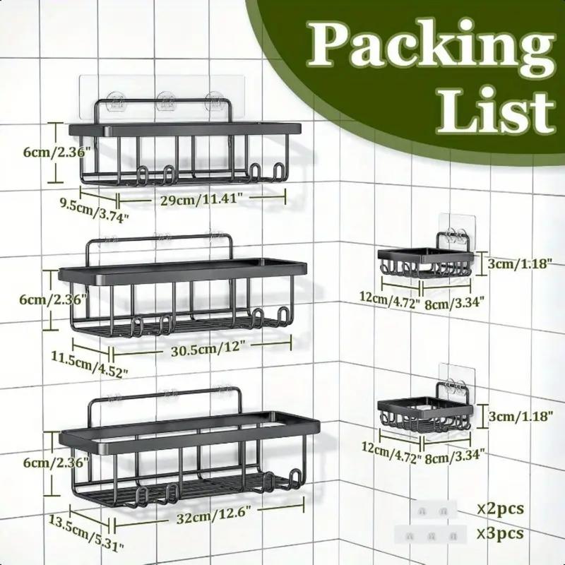 Bathroom Storage Rack Set,5 Pack Shower-Caddy Shelf Organizer. Adhesive wall-mounted Shower Rack. No Drilling Large-Capacity Anti-Slip Bathroom Mat - Rustproof Soap Storage Rack for Bathroom, Kitchen