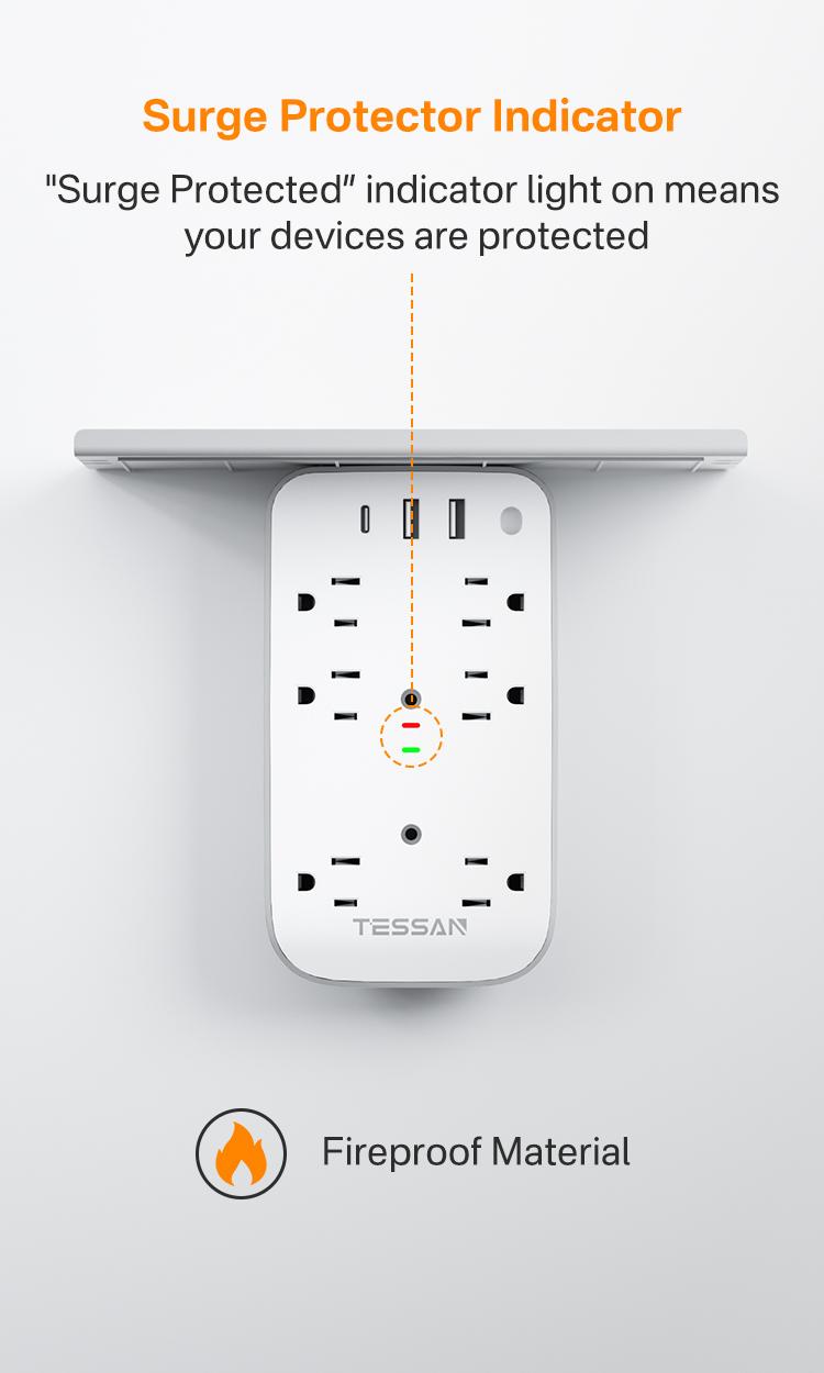 Tessan Wall Outlet Extender with Shelf Night Light Multi Plug Outlets USB Charger 6 AC 2 USB Ports 1 USB C for Home Office