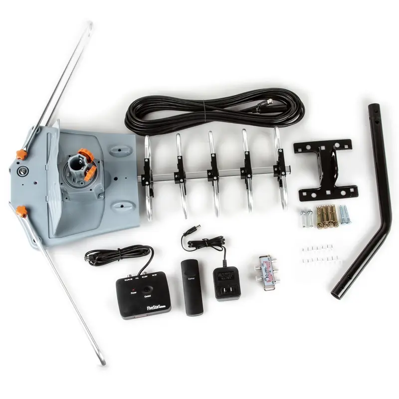 Five Star Motorized Outdoor TV Antenna 360° Rotation, 4K/1080P, 150 Mile Range, UHF/VHF/FM + Remote, 40 FT RG6 Cable for 2-5 TVs, Accessories, Splitter