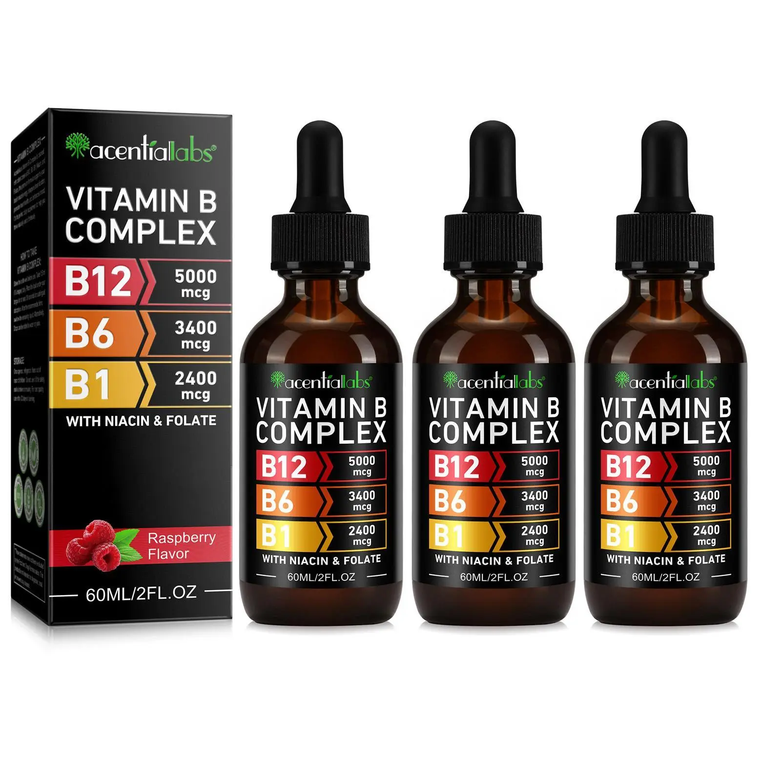 Vitamin B12 & B6 Liquid Drops 5000mcg - Sublingual Methylcobalamin B12 Complex for Energy, Brain & Heart Support - Raspberry Flavor, Fast Absorption for Men & Women - Made in USA, 3 Pack (6 fl oz)