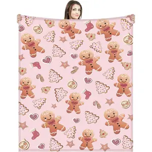 Buryeah Christmas Pink Gingerbread Blankets Christmas Throw Blanket 60 x 50 Inches Star Candy Cane Flannel Soft Large Thick Thro