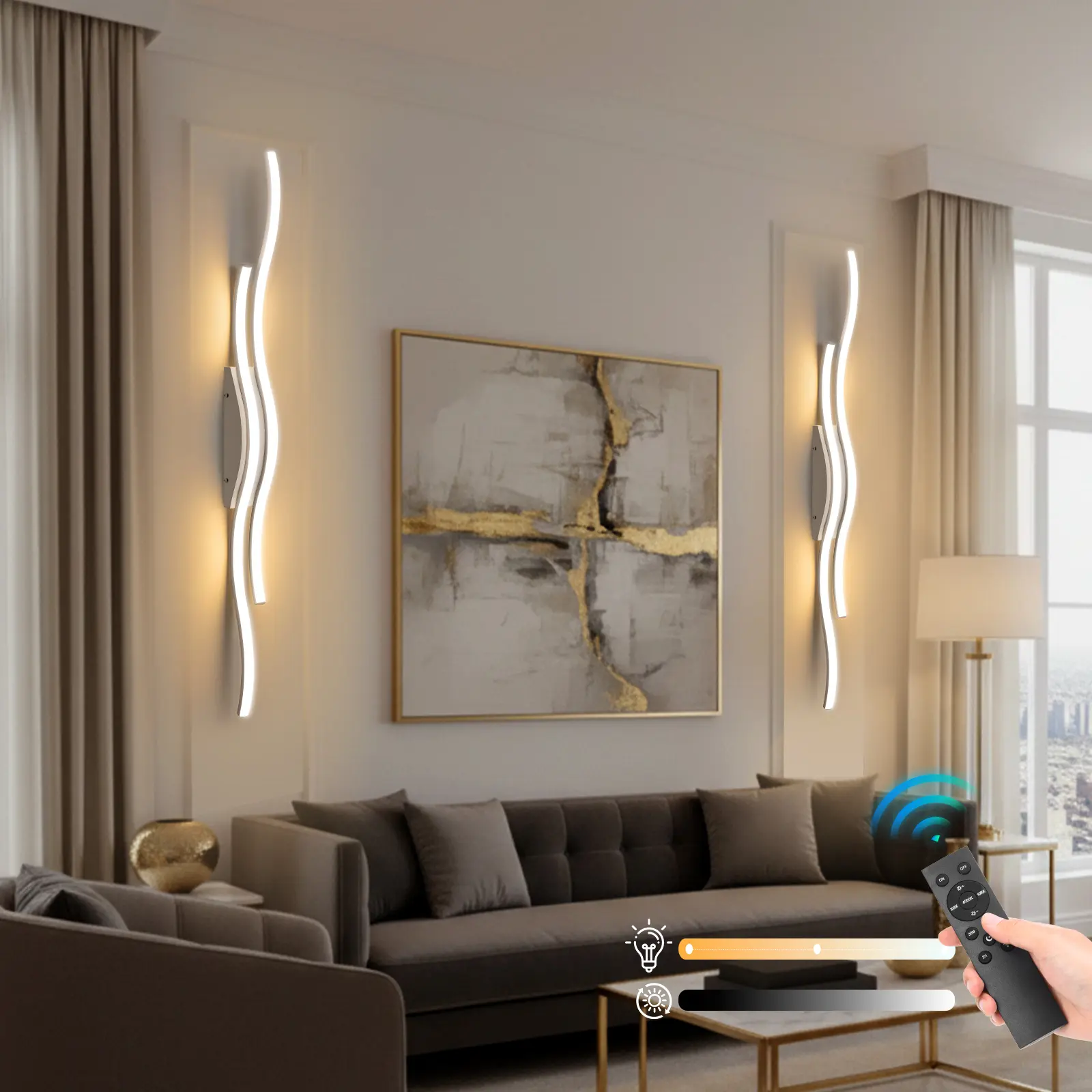 Serbasic Modern Wall Sconce,Battery Operated Wall Lights Wave Line Rechargeable Wall Lights with Remote Control Dimming Touch Control Wave Design Indoor Wall Lamp for Living Room Bedroom Porch Hallway Bathroom Vanity Light, Hallway