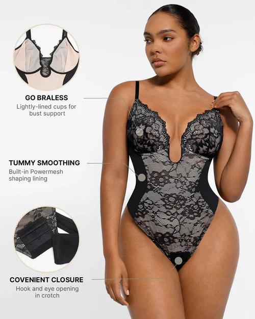 Shapellx Lace Glamour Supportive Plunge Thong Bodysuit Sexy Cute Womenswear Tops