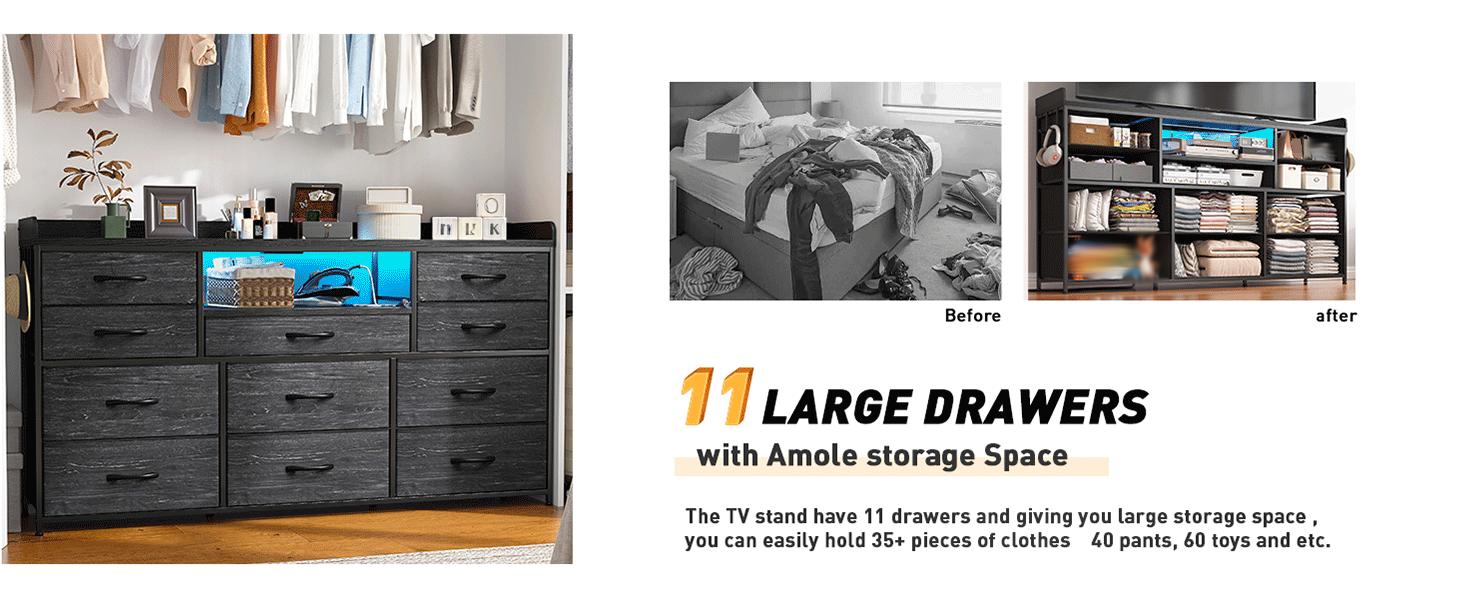 【Jumpstar Sale】Raybee 11 Drawer Smart LED Dresser, with Charging Station, Power Outlets, LED Lights & Shelves, Modern Storage Cabinet for Bedroom/Hallway, TV Stand for 32-55 inch TVs, Easy 10-min Assembly, Includes 4 Hooks