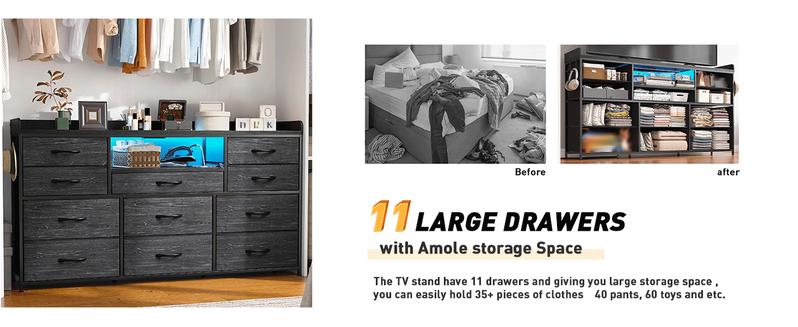 【Jumpstar Sale】Raybee 11 Drawer Smart LED Dresser, with Charging Station, Power Outlets, LED Lights & Shelves, Modern Storage Cabinet for Bedroom/Hallway, TV Stand for 32-55 inch TVs, Easy 10-min Assembly, Includes 4 Hooks