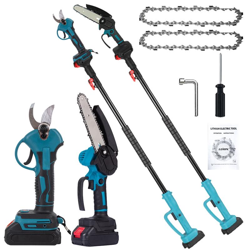 3-in-1 Cordless Pole Saw, Mini Electric Chainsaw and Electric Pruning Shears with 6.5ft Telescopic Pole, 6 Inch Electric Brushless Pole Saw with 2 1.3Ah Batteries for Home Garden Tree Pruning