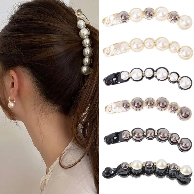 6pcs Artificial Pearl Banana Hair Clips for Women, Non-Slip Hair Claws with Double Combs, Vintage Hairpin Thick Long Curly Hair Styling Accessories for Daily, Party