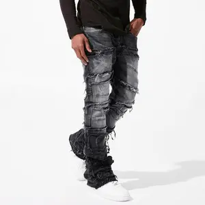 New men's Street ins elastic patch denim straight leg pants Jean Black Streetwear Menswear