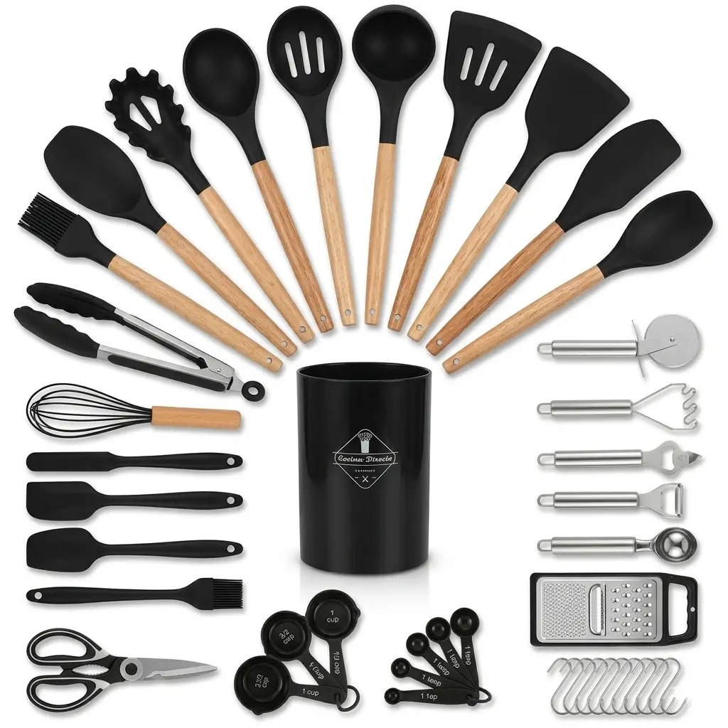 44pcs Aesthetic Professional Silicone Cooking Utensils Set with Natural Wooden Handles - Non-Stick, Heat-Resistant, Oven-Safe Kitchen Gadgets with Stainless Steel Scissors, Measuring Cups, Spoons, Grater & Holder - Gift Ready Girly Kitchen Accessories