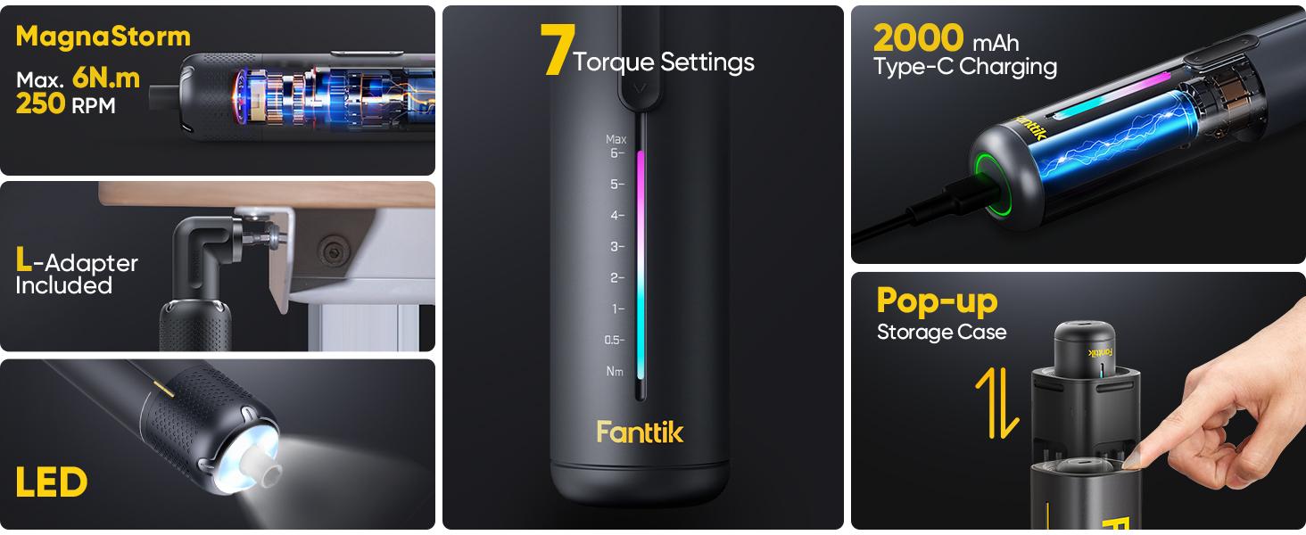 Fanttik S2 Pro Max Electric Screwdriver, Cordless Screwdriver Set, 7 Torque Settings, 0.5 to 6N.m, 16 Magnetic Bits, 1/4''Hex Shank, with 90° Angle Adapter, for Furniture, Household Repairs