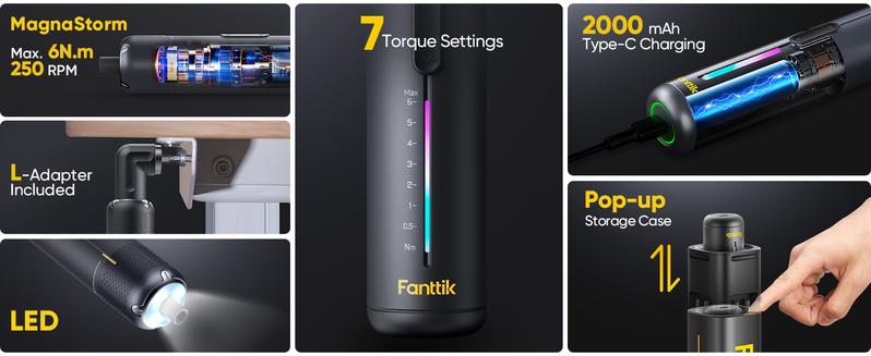 Fanttik S2 Pro Max Electric Screwdriver, Cordless Screwdriver Set, 7 Torque Settings, 0.5 to 6N.m, 16 Magnetic Bits, 1/4''Hex Shank, with 90° Angle Adapter, for Furniture, Household Repairs