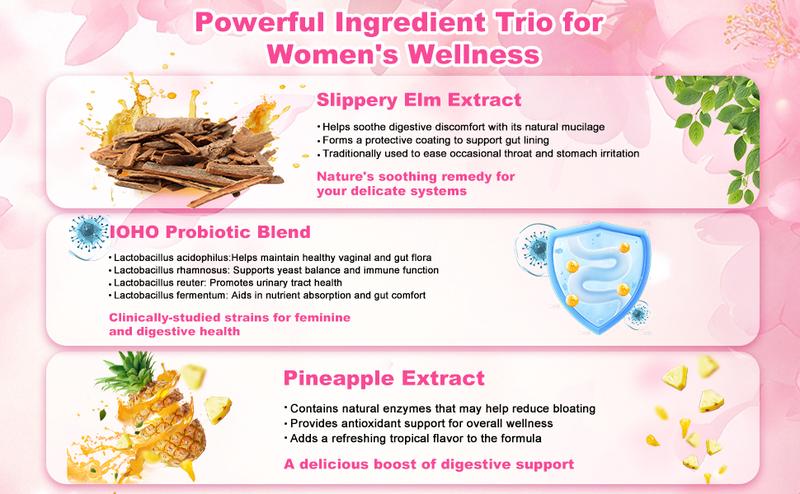 【Gold Plus】IOHO Her Juicy Feminine Probiotics-All in One Solution with Slippery Elm and Prebiotics& Probiotic Blend for Women's pH Balance and Dryness -Hawaiian Pineapple 60 Count-Women vitamins-feminine balance gummies Edible- gut health supplement 【Gold Plus】IOHO Her Juicy Feminine Probiotics-All in One Solution with Slippery Elm and Prebiotics& Probiotic Blend for Women's pH Balance and Dryness -Hawaiian Pineapple 60 Count-Women vitamins-feminine balance gummies Edible- gut health supplement