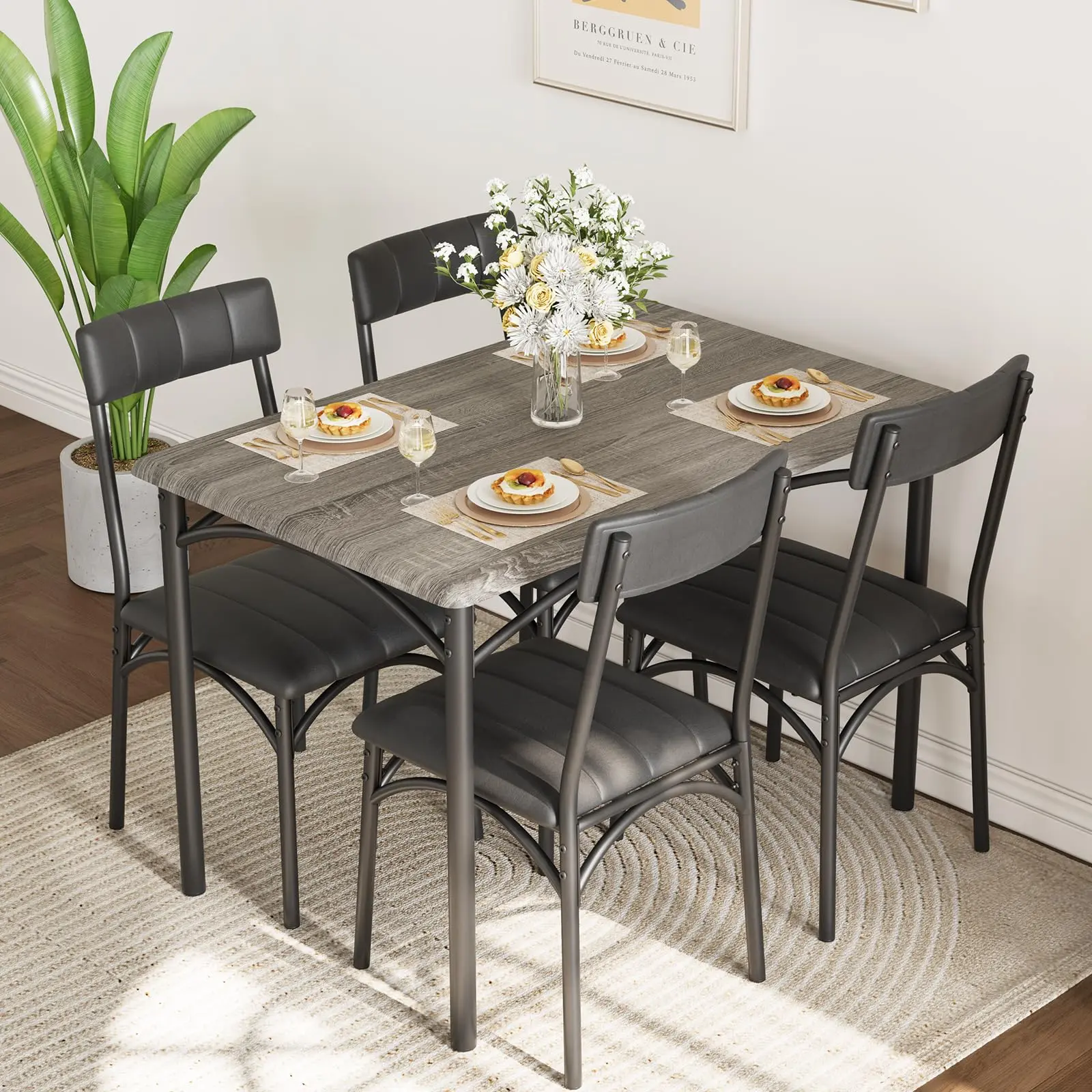 Garvee 5-Piece Rustic MDF+Steel Indoor Dining Room Table Set - Counter Hgt Stools, Upholstered Chairs, 4-Seat Capacity, Gray/Black/Brown Finishes, Comfortable Seating, Easy Assembly, Small Spaces