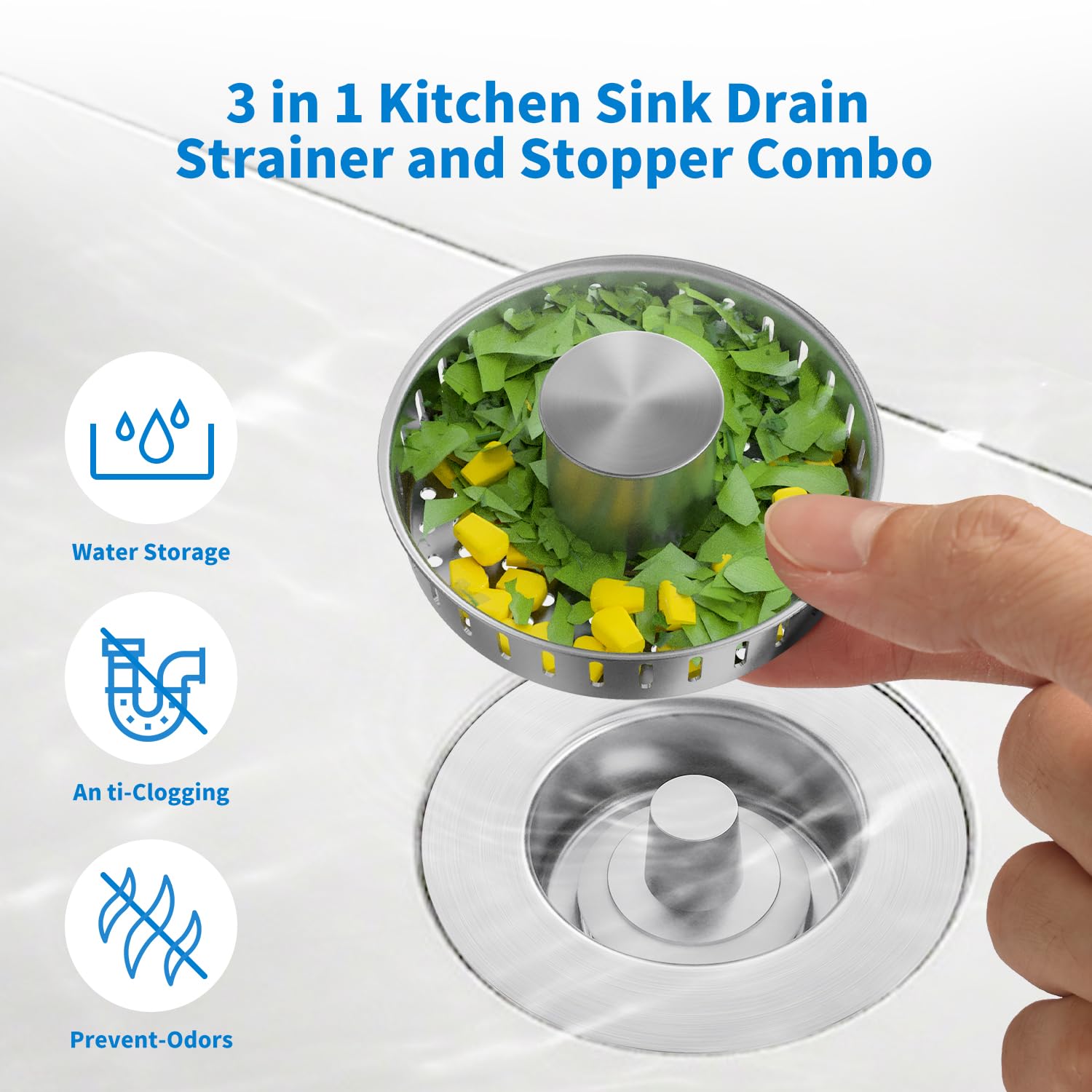 2PC Kitchen Sink Drain Strainer 3 in 1 304 Stainless Steel Pop-UpSink Stopper with Filter Basket, Anti-Clogging Function,Tool-Free Installation