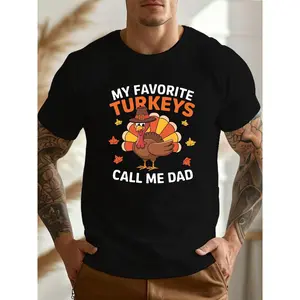 Men'S Thanksgiving Casual Crew Neck T-Shirt,  100%  Knit Fabric,  Geometric Turkey Print,  Lightweight Summer Top with Slight Stretch,  Regular Fit