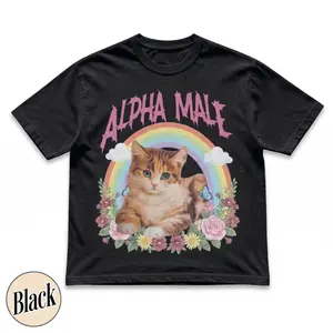 Alpha Male Funny Kitten Shirt, Retro Rainbow Cat Meme Graphic Shirt, Humorous Cat Lover Shirt, Soft Cotton Blend Shirt for Men & Women, Gift for Boyfriend Dad and Cat Lovers