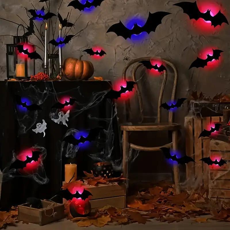 BougeRV 3D Bat Design LED Decorations 12pcs/24pcs Set Spooky Ornaments for Home Party Festival Halloween Easy Install Wall Stickers Smooth Application - Decorative（Non-remote）