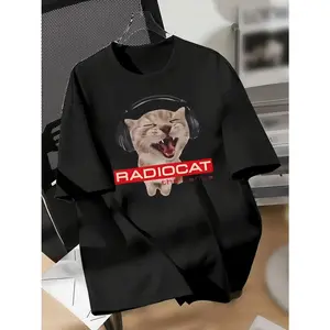 [Everyday Comfort] Unisex "RADIO CAT" Graphic Tee - Y2K Style,  Short Sleeve,  Crew Neck,  Stretchy  Blend,  Casual Summer T-Shirt with Cute Cat & Headphones Print for Men and Women,  Cat Shirt