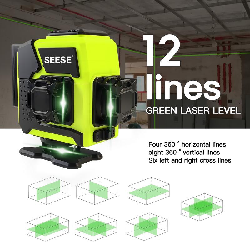 SEESE 12-Line Green Laser Level 3x360° Self-Leveling Remote Control Dual Batteries Full Accessories for Tile Cabinet Home Improvement
