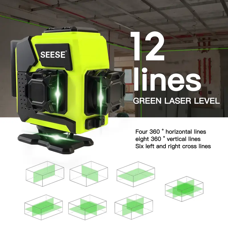 SEESE 12-Line Green Laser Level 3x360&deg; Self-Leveling Remote Control Dual Batteries Full Accessories for Tile Cabinet Home Improvement, Halloween gifts