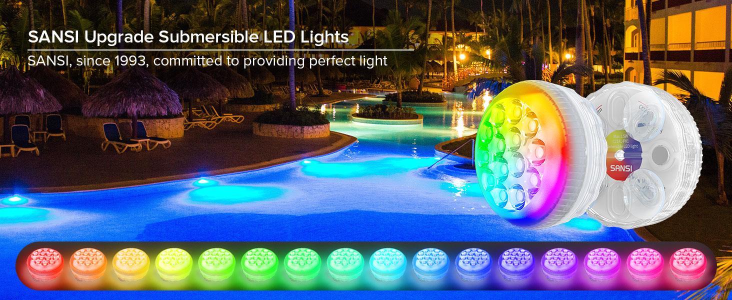 SANSI 8-Pack Submersible LED Pool Lights – RF Remote (200ft), Color-Changing Underwater Spotlights for Ponds, Showers & Inground Pools, Battery Charging, Waterproof with Glue, Magnets & Suction Cups– Perfect for Outdoorfun & Pool Decorations