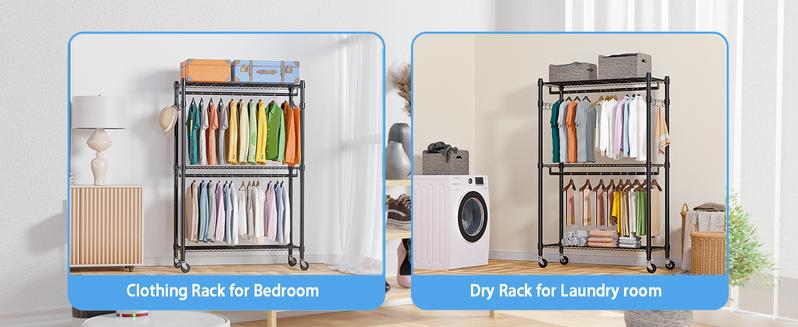 Heavy Duty Clothes Rack on Wheels Metal Garment Rack with Height Adjustable Wire Shelves 80.7"H  Freestanding Wardrobe Laundry Rack with 2 Hanging Rods 2 Side Hooks Clothing Storage for Bedroom, White Outdoorfun