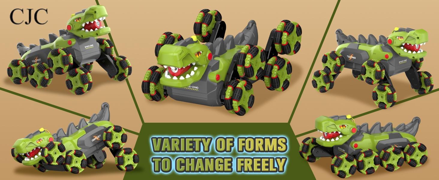 CJCMALL RC Stunt Car Toys for Kids,2.4Ghz Remote Control Dinosaur toys 360° Rotating Changeable RC Stunt Dinosaur Remote Control Dinosaur Car Toys with Spray Lights, Birthday Gifts for Boys Girls Kids