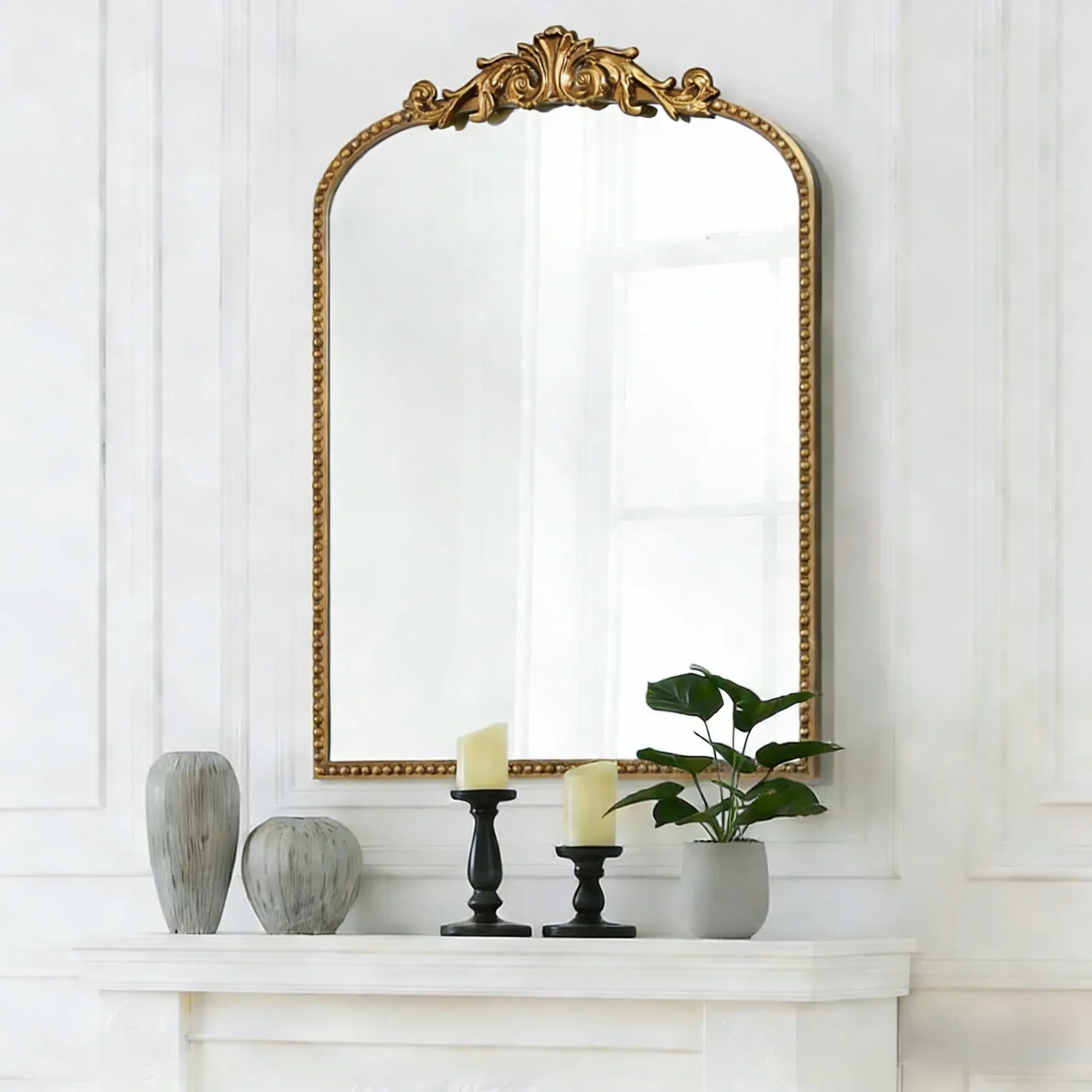 Gold Arched Vintage Mirror Baroque Ornate Antique Mirror For Fireplace Mantel Bathroom Entryway Wall Decor Classic Design DIY Elegant mirrors full length