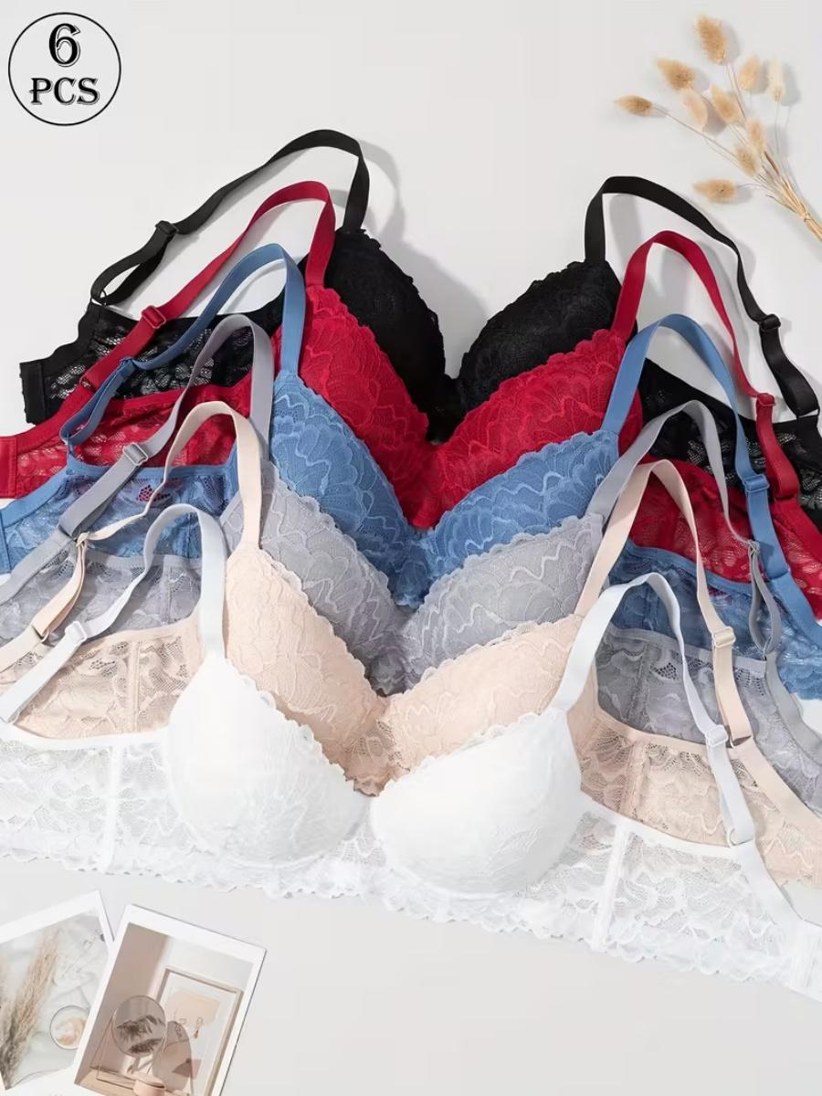 6pcs Stylish Lace-Up Push-Up Bras with Underwire - Non-Slip, Gathered Design to Create a Flattering Figure, Adult Sizes, Assorted Colors (Black, Red, Blue, Gray, White), Everyday Comfort| Gathered Lingerie| Nonremovable Paddin
