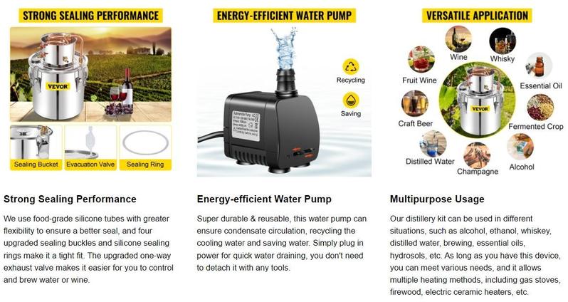VEVOR Water Wine Still Max 13.2Gal/50L, Wine Distiller with Circulating Pump, Wine Still Copper Tube, Whiskey Distilling Kit with Build-In Thermometer, Whiskey Making Kit for DIY , Stainless Steel