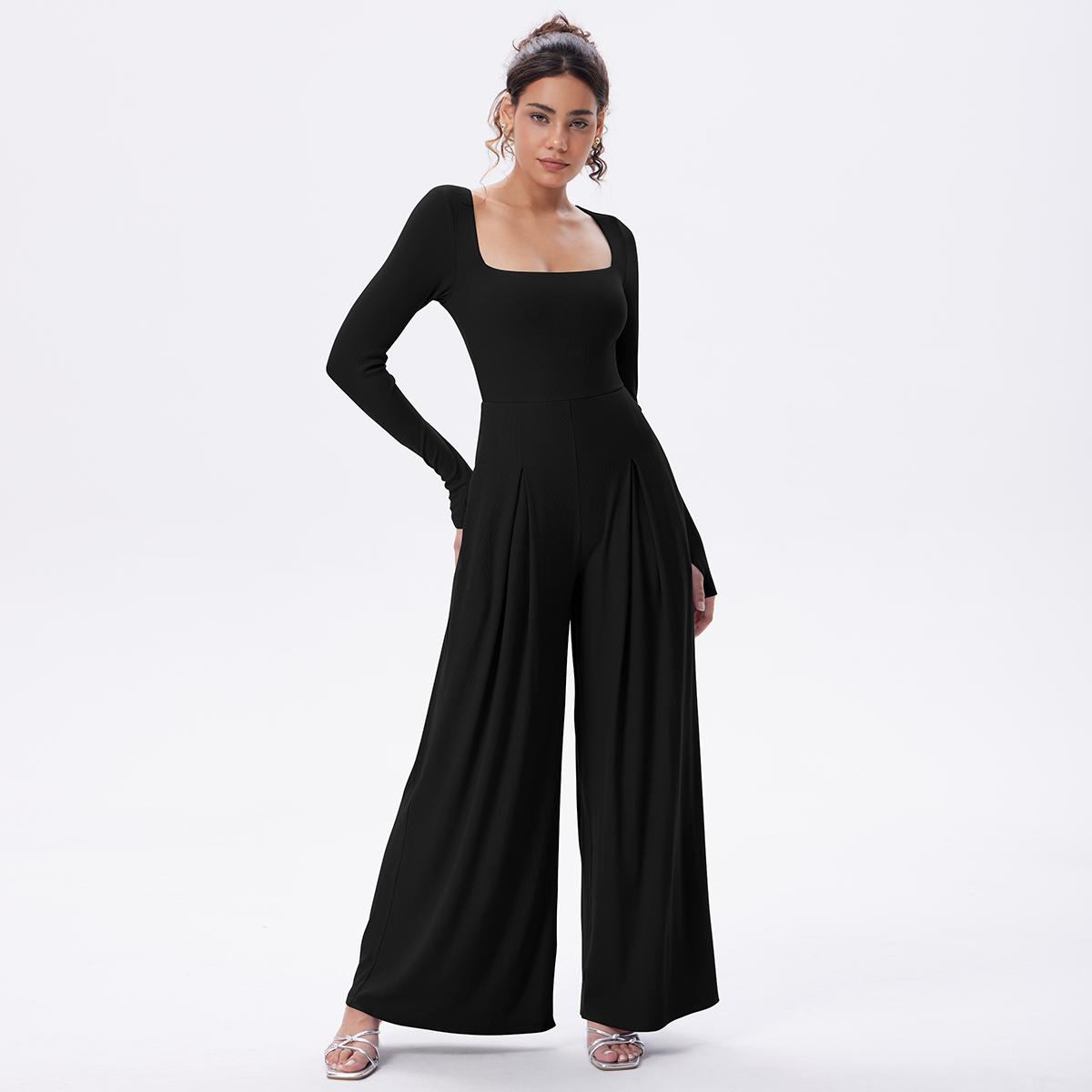 OQQ Women's Long Sleeve Square Neck Wide Leg Jumpsuit With Pockets Casual Fashion Lightweight One Piece Jumpsuits SpringStatements