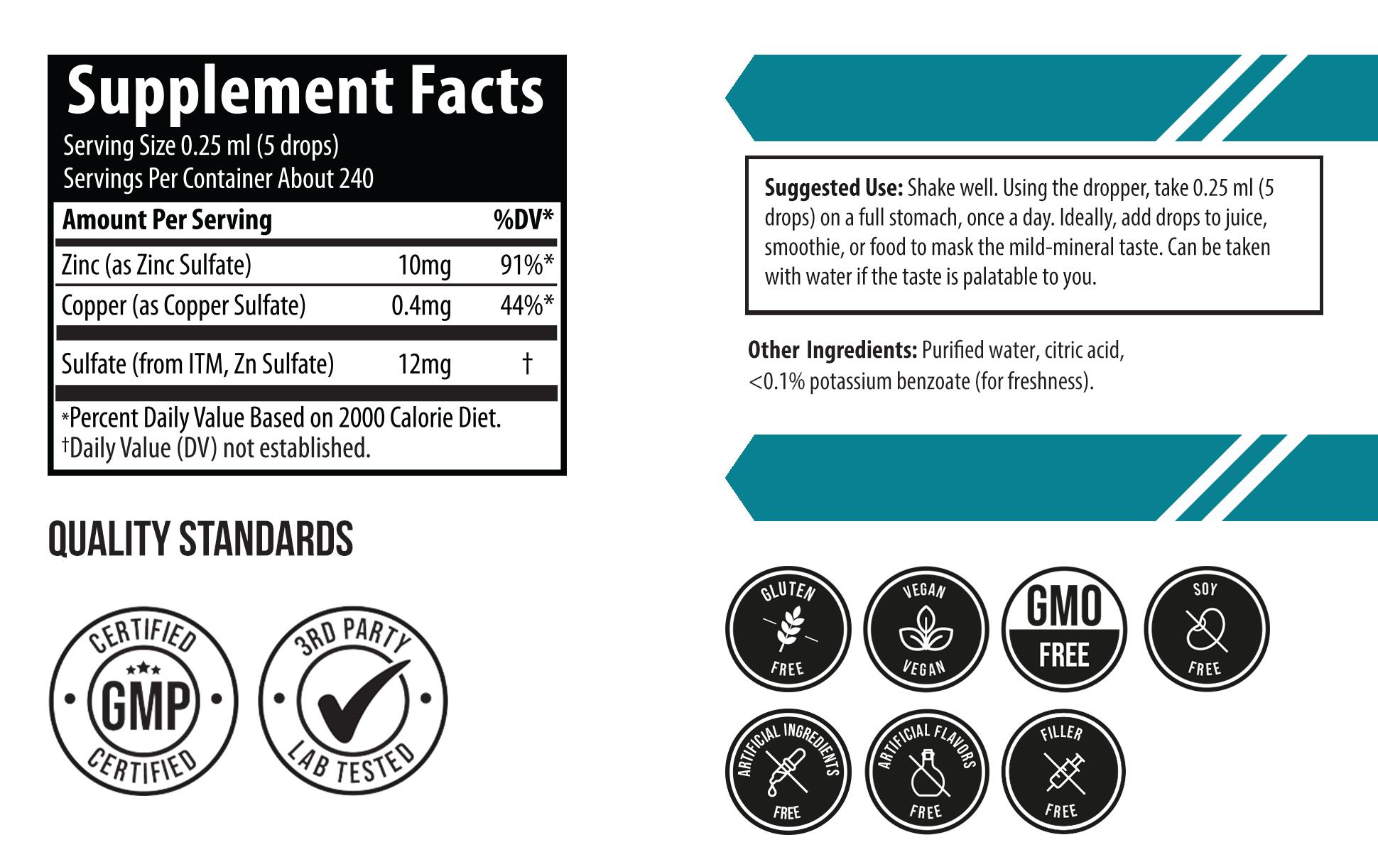 Ionic Zinc Plus Copper Liquid Concentrate | 240 Servings – Vegan, Supports Immunity, Brain & Thyroid – 2 oz. Supplement Essential