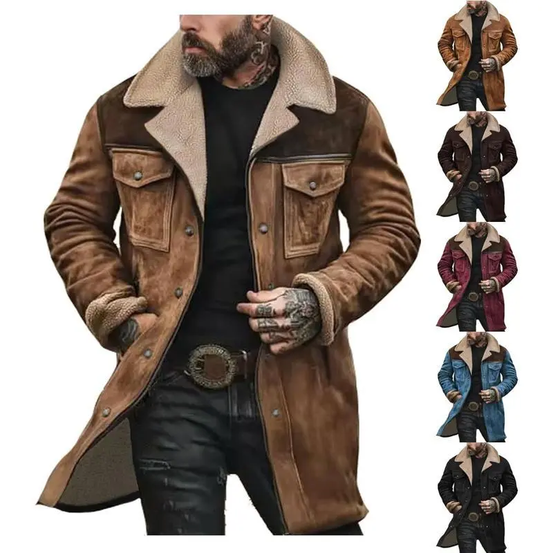 Mens Western Cowboy Jacket Vintage Suede Jacket Long  Coats Zip Up Plush Collar Cowboy Peacoat Retro Tops Casual Menswear Fathersdaygift Soft Fleece Hoodie jacket western clothing jackets letterman  jacket western clothing windbreakers Leather Long Sleeve