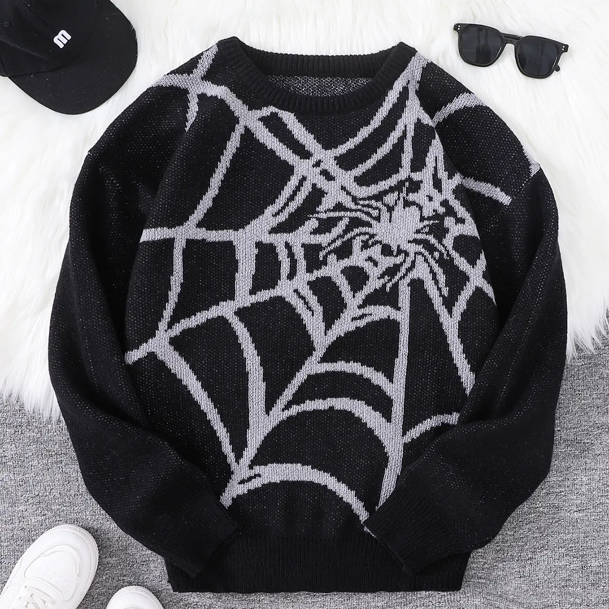 Men's Animal Spider Web Pattern Round Neck Crewneck Sweater - Regular Fitted, Stylish Drop Shoulder Long Sleeve Menswear Top for Spring & Fall Daily Casual Knitwear, Tops, Longsleeves, M, Clothes