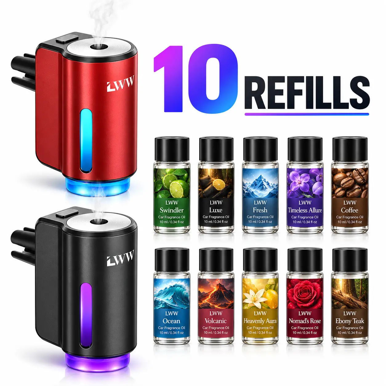 LWW Dual Car Aroma Diffuser Set - 2 Rechargeable Li-ion Dual Diffusers with 10 Assorted Essential Oil Refills, Freshening Car Fragrance Kit for Vehicle Interior