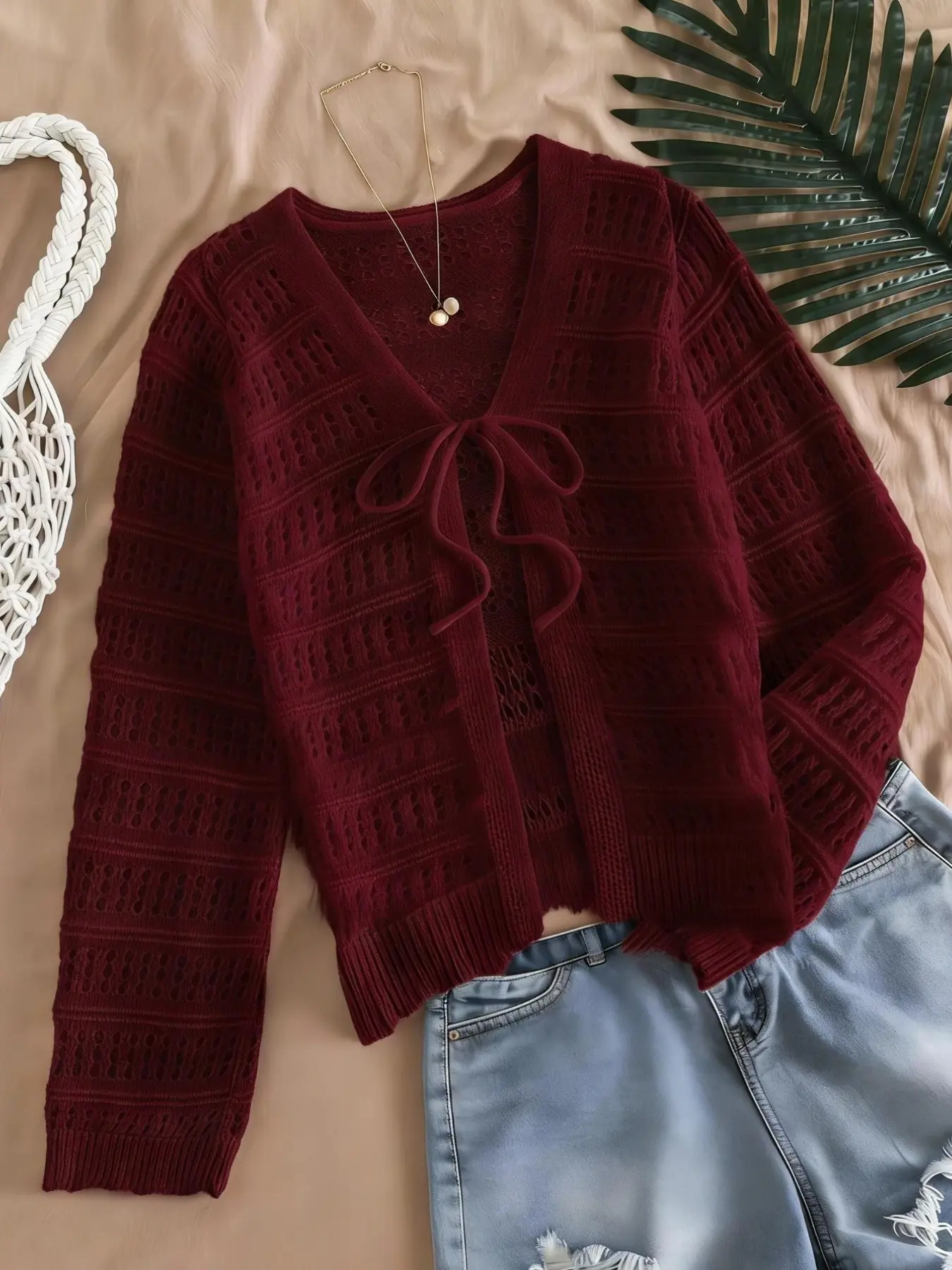 Women's Hollow Out Tie Front Solid Color Knit Cardigan with Knitted Long Sleeves, Elegant Casual Aesthetic Style, Perfect for Spring and Summer, Comfortable and Stylish, Loose Fit, Knitwear, Knitting