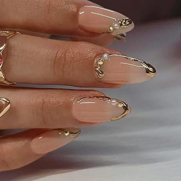 Short Description: Chic french tip slim gold line fake nails, 24pcs medium almond press ons. Waterproof & , fit most nail sizes, ideal for women work, date and daily wear. Luxury Reusable