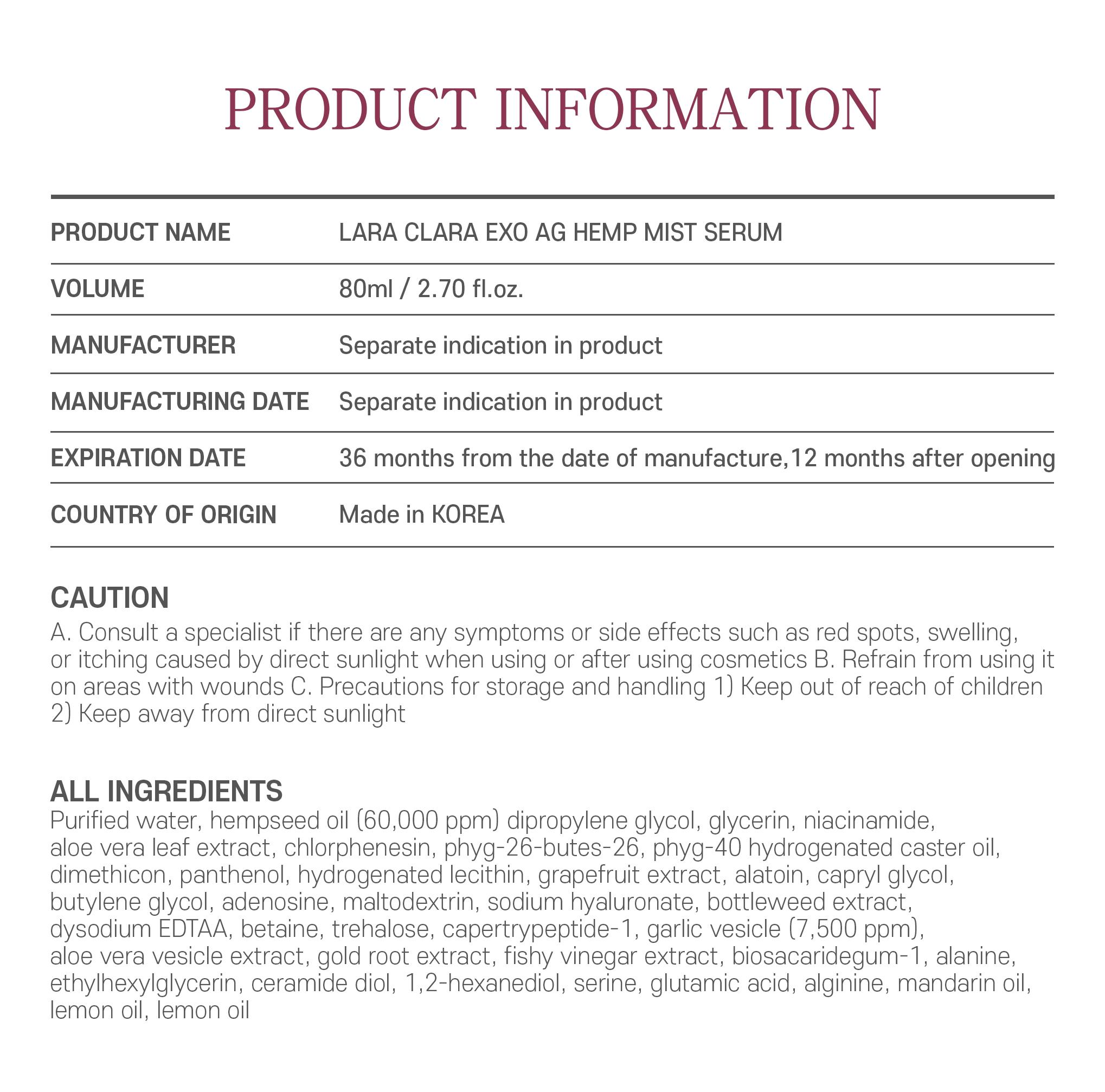 [LARA CLARA] EXO AG HEMP MIST SERUM 2.70 fl.oz. (Made in Korea)