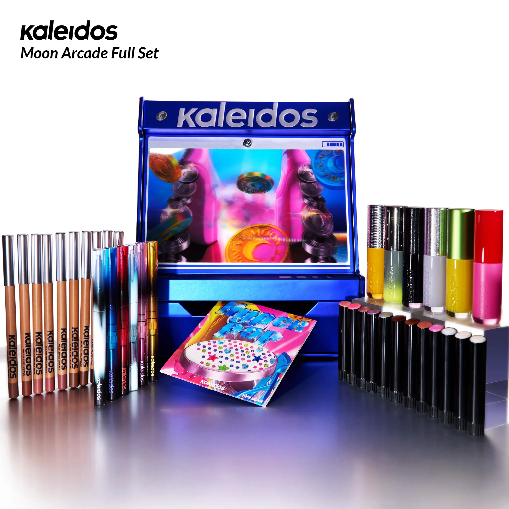 Kaleidos All-In Makeup Collection - Mirror, Clay Primer, Lip Set, Capsule Makeup Kit with Moon Arcade, Alma Viva, Night of Creation, Smokey Nostalgia Shades for Rave, Festival Looks | Cosmetic Gift, Metallic
