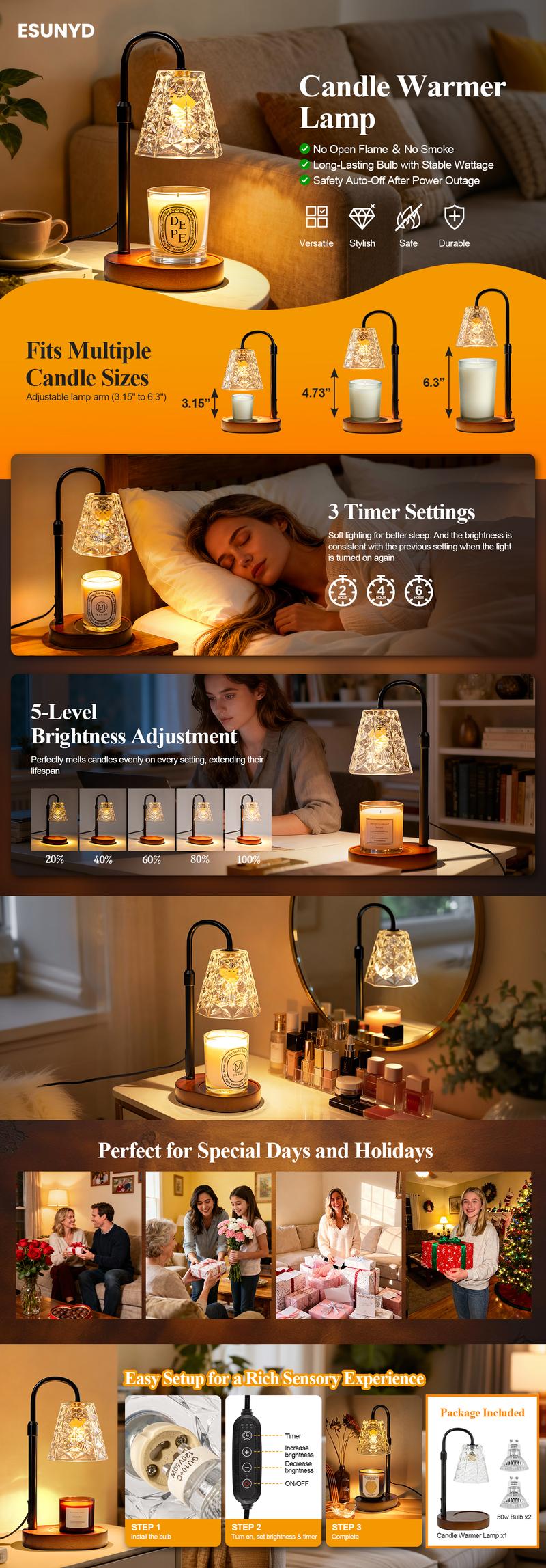 Candle Warmer Lamp, with 2 Bulbs, Height Adjustable with Timer, Unique Glass Lamp for Home & Bedroom Decor, Ideal Gift for Birthday/Mother's Day, Halloween Gifts, Christmas Gifts