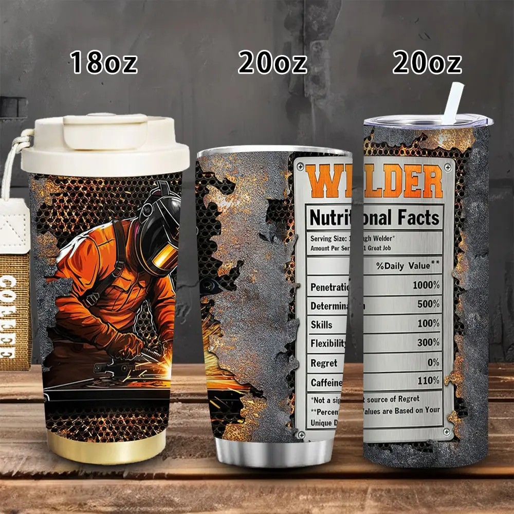 1pc 18oz-20oz Welding Art Style Vacuum Tumbler Mug - Dynamic Worker Design, Creative Nutritional Facts, Winter Insulated, Lid & Straw, Office Coffee Cup, Novelty Birthday Gift for Adults