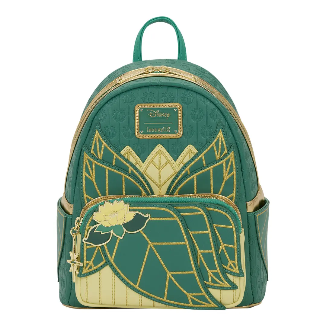 Loungefly Disney The Princess and the Frog Tiana Cosplay Faux Leather Mini Backpack for Adults with Debossed Details, Embroidered Leaf Pockets & Gold Rivet Detail, Side Pockets, Enamel Fill Rivet, Lounge Fly