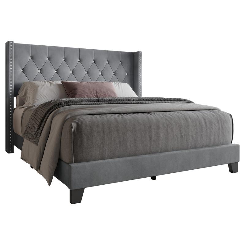 Favorer Monroe Tufted Upholstered Wingback Panel Bed Frame with Diamond Tufting and Nailhead Trim for Adult Bedroom, Box Spring Required